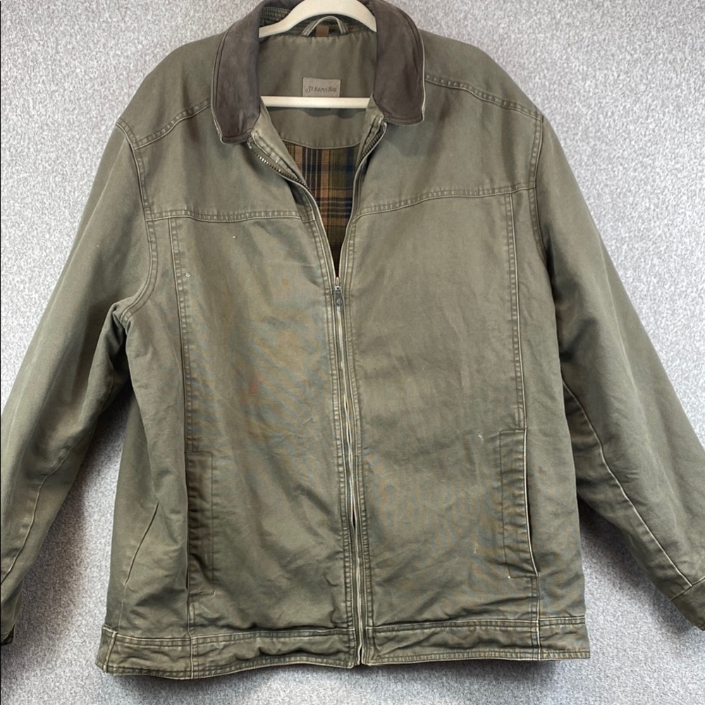 Vtg chore coat men’s XLT leather collar olive green flannel lining grunge Y2K